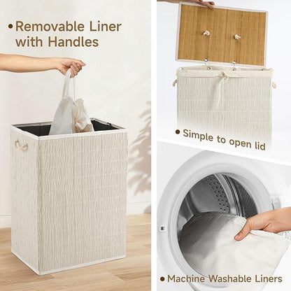 Laundry Hamper with Lid, 52.8 Gallon(200L) Large Laundry Basket 2 Removable Liner Bags, Synthetic Rattan Clothes Hamper with Side Pocket, laundry organization for bathroom, laundry room, White
