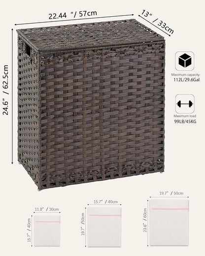 Laundry Hamper with Lid Wicker Laundry Basket 112 L (29.6 Gal) Laundry Hampers Handwoven Rattan Laundry Hamper with Handles 3 Removable Washing Bag, 6 Mesh Bags for Bathroom Bedroom Brown