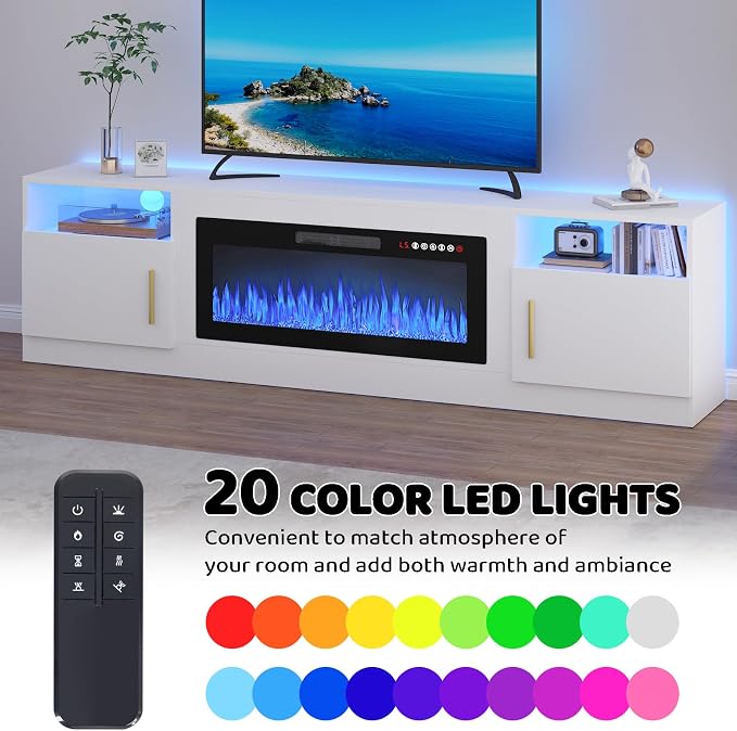 LEMBERI 80 Inch Fireplace TV Stand for TVs up to 90", 36" Electric Fireplace Entertainment Center with 20-Color LED, 300lbs Max Capacity Modern Wood Media Console Cabinet, White