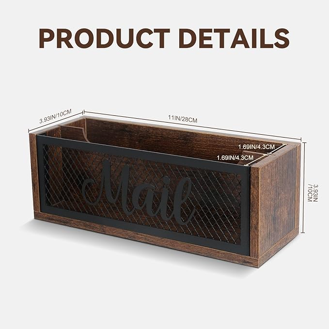 Mail Organizer Countertop, Rustic Farmhouse 2-Slot Wood & Iron Mail Holder, Retro Wall Mounted or Desk Entryway Letter Bill Envelope Sorter, No Assembly | Wood & iron, 11"×4"×4", holds letters, bills & magazines. Non-slip base, no sliding or scratching...