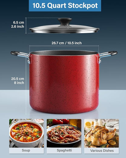 Cook N Home Professional 10.5 Quart Nonstick Stock Pot with Lid, Riveted Handles, Big Soup Pot for Holiday Feasts, Stockpot with Even Heating, Induction Cookware, Oven & Dishwasher Safe, Marble Red