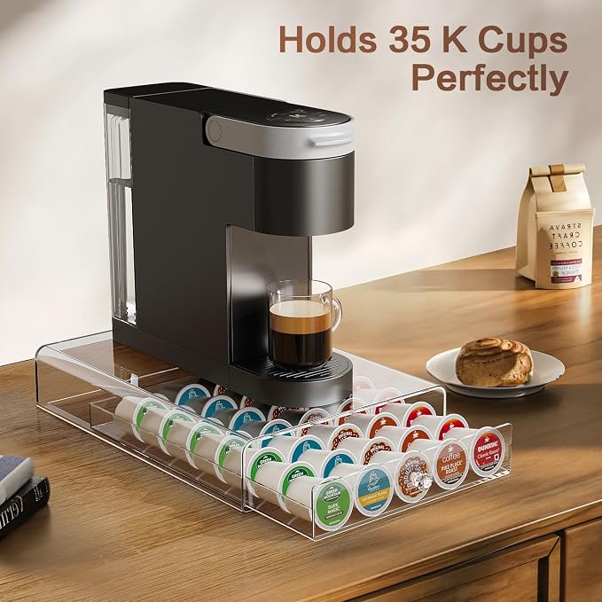 Crystal Clear Acrylic K Cup Organizer Coffee Pod Storage Box, 35 Pods Coffee Pods and Tea Organizer Holder, K Pod Drawer Coffee Maker Stand, Organizador De Cafe, Kcup Drawer Organizer Under Brewer