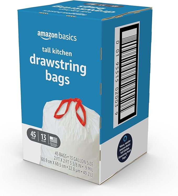 Amazon Basics Tall Kitchen Drawstring Trash Bags, 13 Gallon, Unscented, 45 Count