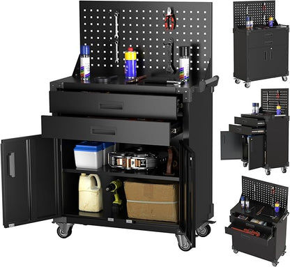 SUXXAN Black Tool Cart with Pegboard and 4 Hooks,Garage Storage Cabinet on Wheels with 2 Drawer,Industrial Service Utility Tool Cart for Mechanics, Garage, Workshop