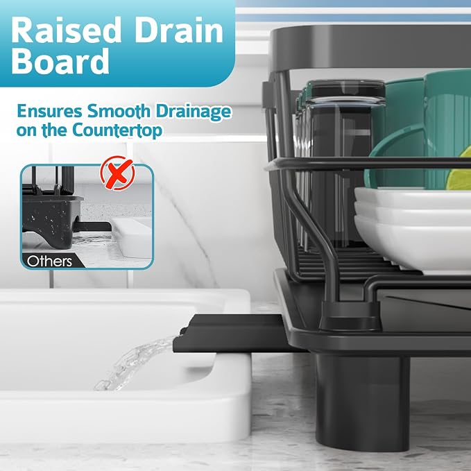 Dish Drying Rack - Space Saving Dish Rack - Dish Racks for Kitchen Counter with Drainboard,Rustproof Dish Drainer with Removable Utensil Holder,Black