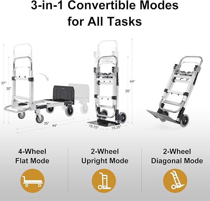 Folding Hand Truck Dolly, 500 lbs Heavy-Duty Convertible Cart, Aluminum Alloy Collapsible Design with Silent Rubber Wheels, Adjustable Handle, Flat Fold for Moving, Home, Office (Black)