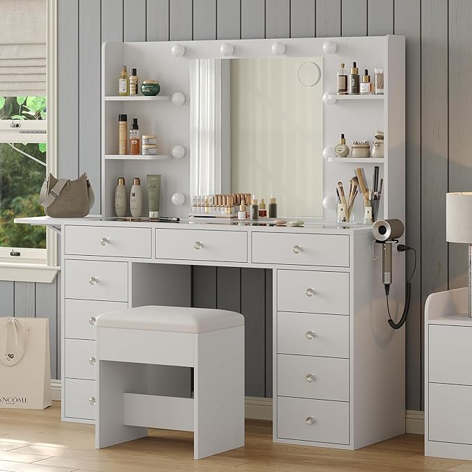 Vanity Desk with Power Outlet, 47'' W Makeup Vanity with Mirror and 12 LED Lights, 11 Drawers & 4 Shelves, 3 Color Lighting Modes, Fold-up Panel, Glass Top Vanity Set for Bedroom
