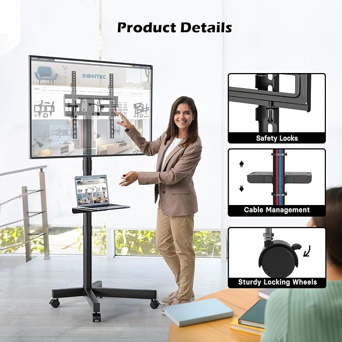 BONTEC Rolling TV Stand with Tilt, Mobile TV Stand Wheels for 23–65 Inch LED LCD TVs, Portable TV Cart with Adjustable Shelf for Living Room, Bedroom, Outdoor TV Stand Holds 88 lbs, Max VESA 400x400mm