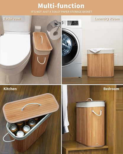 Bamboo Toilet Paper Storage with Lid & Handel, 8 Gallons (30L), Sturdy Toilet Paper Basket, Organizer for Bathroom, Kitchen, Holder with Storage, Natural