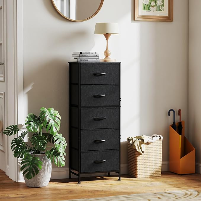 Sweetcrispy 5 Drawer Dresser with Fabric Bins Steel Frame Wood top Storage Chest for Bedroom Closet Hallway Black Compact Organizer Durable Home Storage Solution