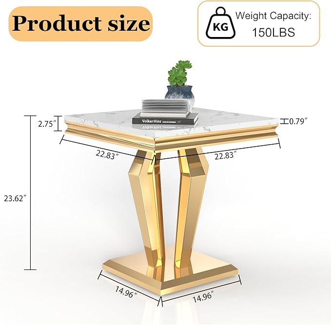 Marble End Table, Modern Square 23” Side Table with Diamond-Shape Stainless Steel Base and Faux Marble Top, Small Sofa Table for Living Room, Bedroom, Lounge (Gold,White)