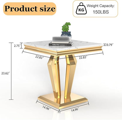 Marble End Table, Modern Square 23” Side Table with Diamond-Shape Stainless Steel Base and Faux Marble Top, Small Sofa Table for Living Room, Bedroom, Lounge (Gold,White)