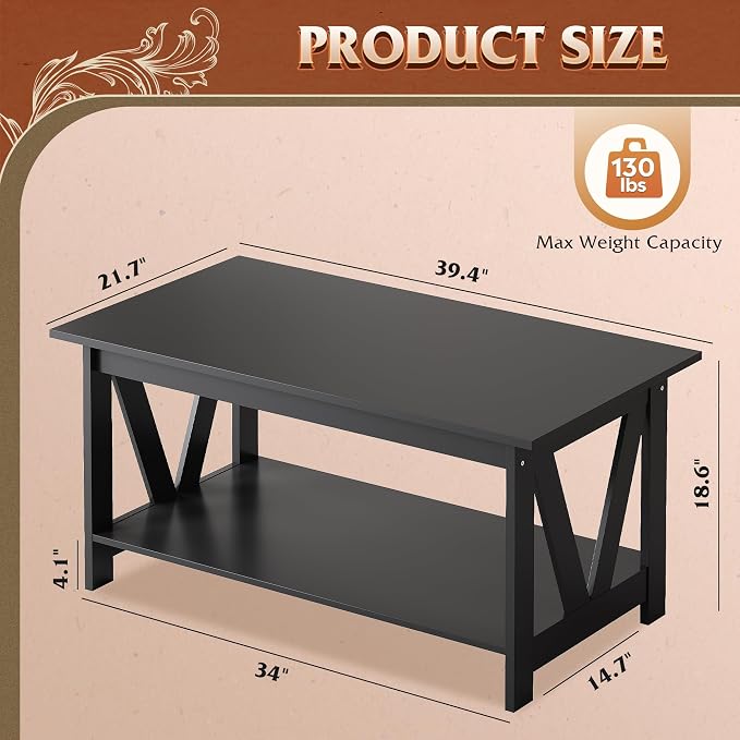 WLIVE Coffee Table with Storage Shelf, 39.4" Farmhouse Coffee Table with V-Frame Support, 2-Tier Wood Rustic Center Table for Living Room, Bedroom & Balcony, Black