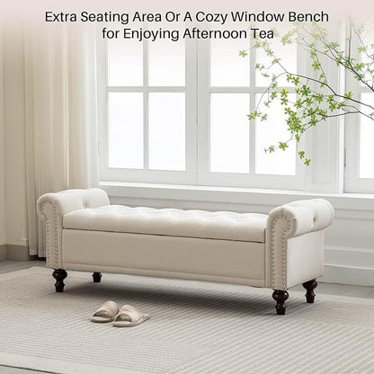 58.1" Storage Bench Upholstered Linen End of Bedroom Bed Bench Ottoman with Tufted Cushioned Rolled Arm Large Storage Space for Reading Living Room Entryway, Beige