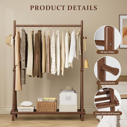 Solid Wood Clothes Rack with Wheels,Freestanding Garment Rack & Coat Tree,Extra-Long 42.5" Hanging Rod, Double Storage Shelves for Bedroom, Entryway, Hallway