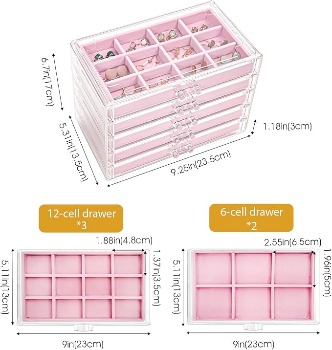 ProCase Earring Holder Organizer Jewelry Box with 5 Drawers, Acrylic Clear Earring Case with Adjustable Velvet Trays for Women - Pink, 5 Layers