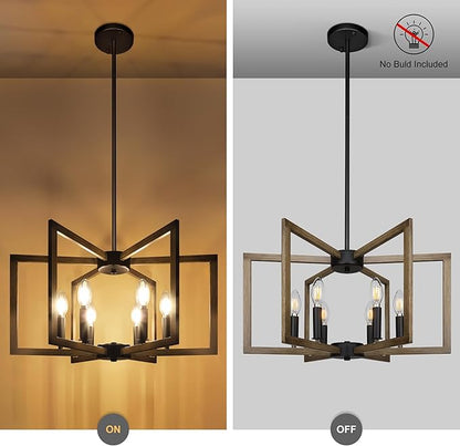 6-Light Modern Farmhouse Pendant Lights for Kitchen Island, Vintage Geometric Dining Room Lighting Hanging, Industrial Chandelier for Hallway Foyer, Retro Wood Texture and Black Finish