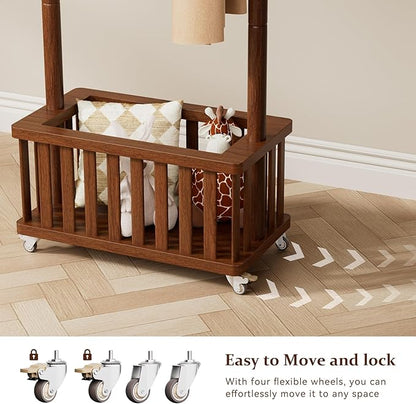 Solid Wood Coat Rack Clothes Rack, Coat Rack Freestanding with Storage Basket and 5 Hooks, Heavy Duty Coat Tree for Entryway, Living room, Coat Hanger Stand for Hats, Bags Clothes
