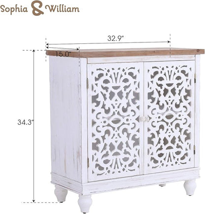 Sophia & William Accent Cabinet with Doors, Distressed Display Storage Cabinet with Wooden Frame and Hollow-Carved Floral Pattern for Entryway Living Room, White