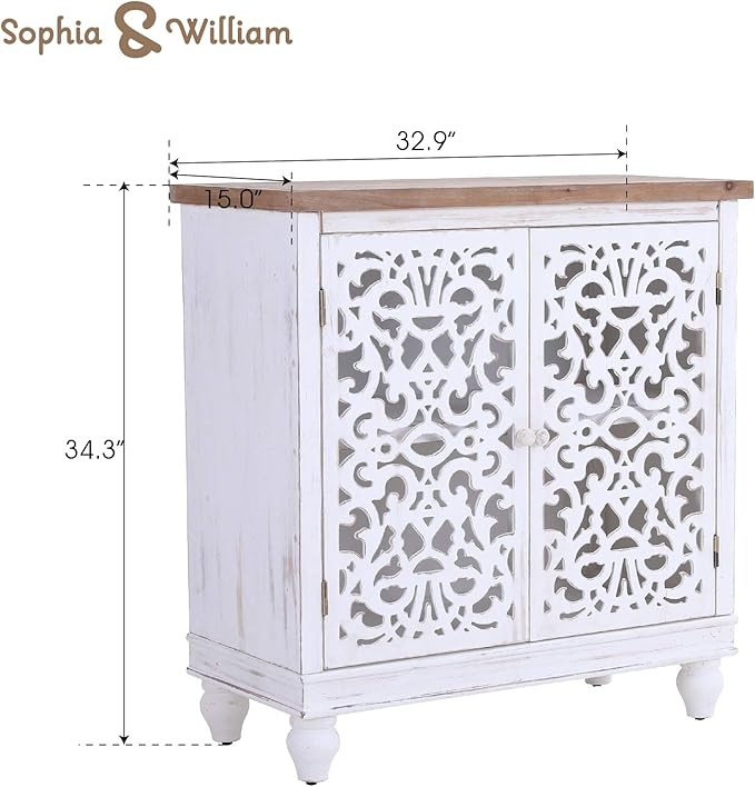Sophia & William Accent Cabinet with 2 Doors, Distressed Storage Cabinet with Wood Frame and Hollow-Carved Door for Entryway Living Room, White