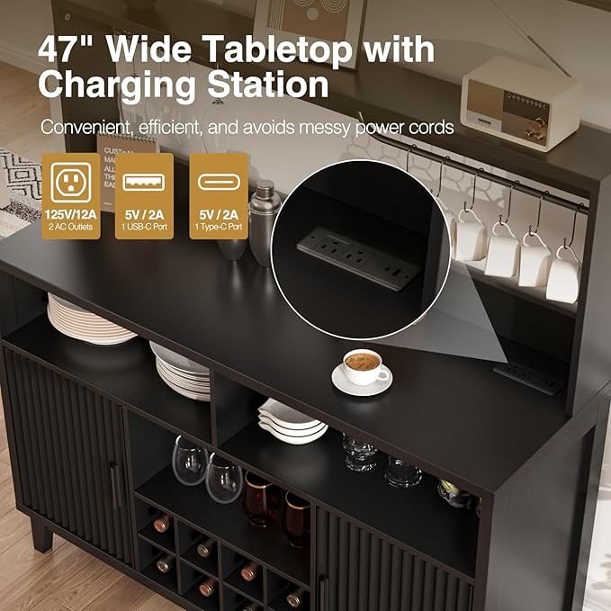 Fluted Buffet Cabinet with Storage, Modern Coffee Bar Cabinet with Outlet, Removable Wine Rack, Multi-Functional Accent Liquor Cabinet for Living Room, Entryway, Kitchen, Black