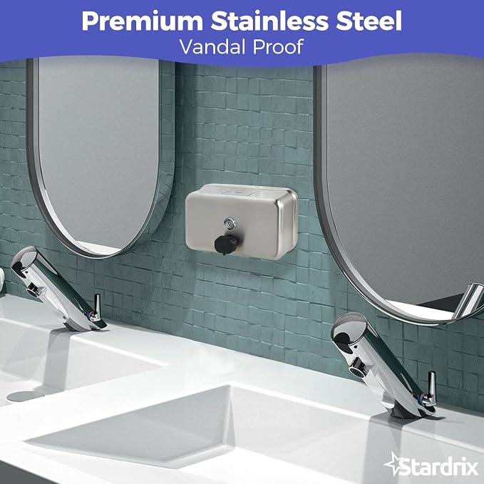 Stardrix Heavy Duty Stainless Steel Wall Mount Soap Dispenser, 1100ml/37oz, with Corrosion Proof Lining and Anti-Leak Pump for Commercial & Home Bathroom Kitchen (Horizontal)