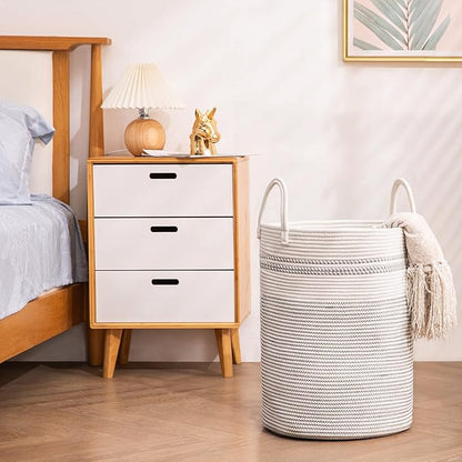 YOUDENOVA Woven Rope Laundry Hamper Basket, 58L Tall Luandry Basket, Baby Nursery Hamper for Blanket Storage, Clothes Hamper for Laundry in Bedroom-Large-Stripe White