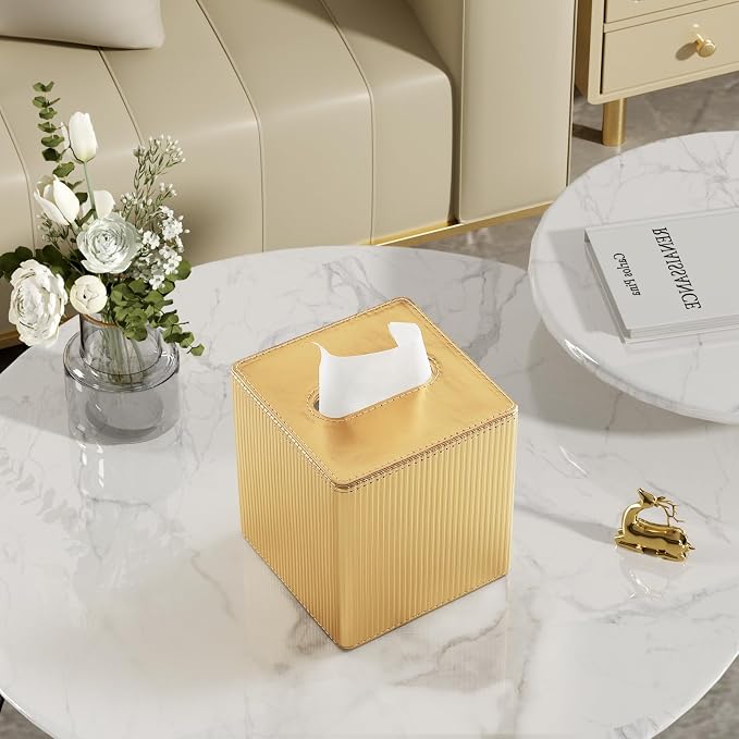 Gold Tissue Box Cover Square with Magnetic Closure, PU Leather Tissue Box Holder for Bathroom NightStands Livingroom, Decorative Modern Square Tissue Holder (Gold)