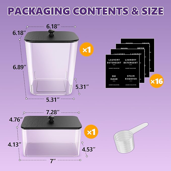 Moforoco 1+1 Pack Laundry Pods Container, Clear Laundry Room Organization Containers,Large Detergent Powder Storage, Black Wooden Lids & Labels, Acrylic Pods Holder Dry Sheet Holder