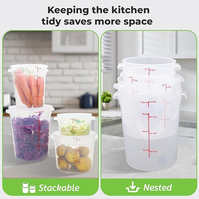 4 Pack Round Food Storage Containers with Lids, 12Qt Translucent Commercial Food Container, Polypropylene, BPA Free, Includes Labels & Measuring Cups