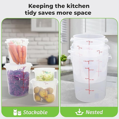 4 Pack Round Food Storage Containers with Lids, 8Qt Translucent Commercial Food Container, Polypropylene, BPA Free, Includes Labels & Measuring Cups