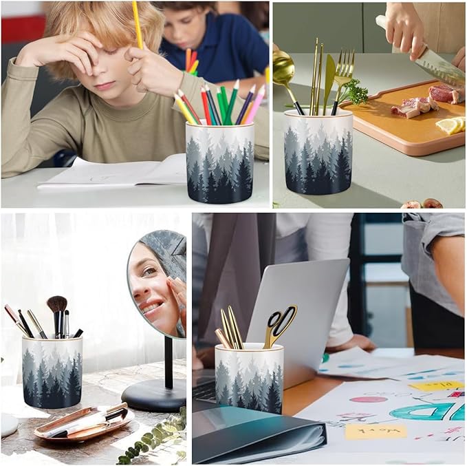 WAVEYU Pen Pencil Holder for Desk, Ceramic Pens Cup Cute Makeup Brushes Holder, Unique Desk Multifunctional Pen Organizer for Home, Office, and School, Forest Pattern