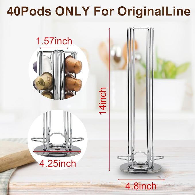 Coffee Pod Stand for Nespresso OriginalLine Capsule, Large Compacity Nespresso Coffee Pods Holder, Coffee Pod Organizer Holding 40 Small Originalline Pods, Silver