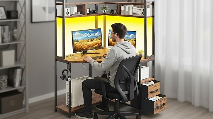 Corner Desk,35.4" W x 63" H Office Desk and Computer Desk with Hutch & LED Lights，Gaming Desk with Storage Drawers & Shelves and Hook for Small Space,Rustic Brown