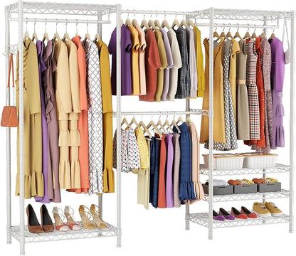 Heavy-Duty Clothes Rack, Expandable Closet Storage Unit with 6 Shelves and 4 Hanger Rods, Freestanding Bedroom Wardrobe Closet, White