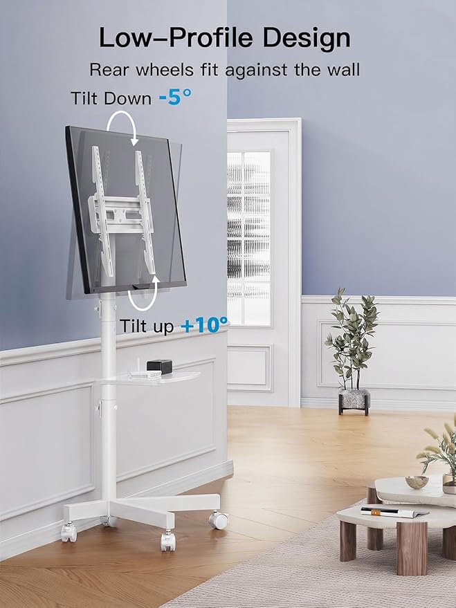 PERLESMITH Rolling White TV Stand for 23–65 Inch TVs up to 99 lbs, Portable TV Stand on Wheels with Height Adjustable Shelf, Outdoor Mobile White TV Cart for Bedroom, Max VESA 400x400mm, PSTVMC04W