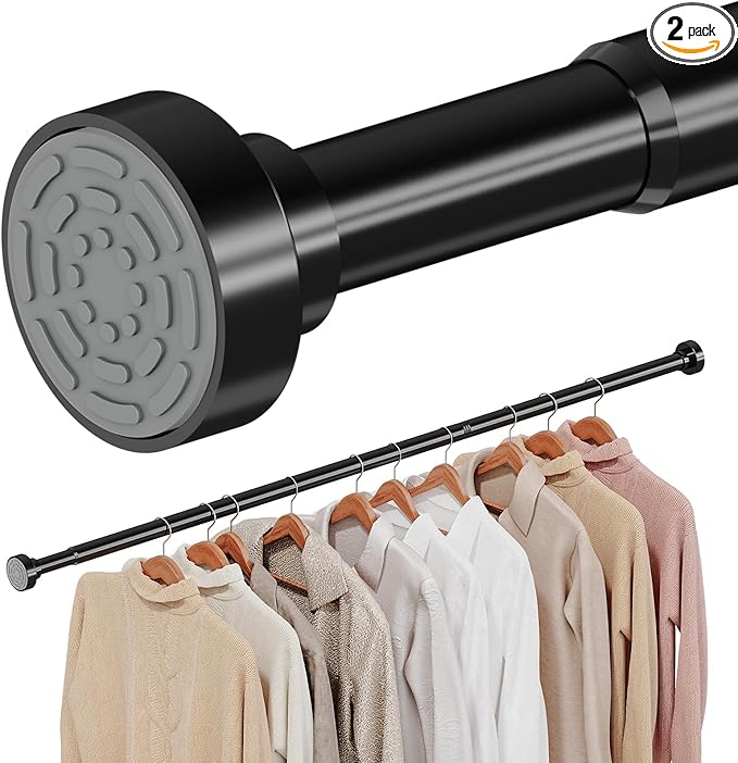 Supforce 2 Pack No Drilling Closet Rods for Hanging Clothes, Non Slip Tension Rod with Heavy Duty Clothes Hanging Rod, 17-28 Inches Adjustable Spring Closet Rod for Closet Wardrobe Bathroom RV, Black
