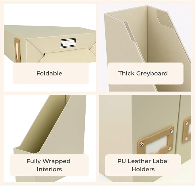 BLU MONACO | Cardboard Magazine File Holder Set of 6 | Vertical Magazine File Holder with Label Slots | Beige Linen Foldable File Organizers for Desk Shelf Office