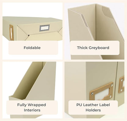BLU MONACO | Cardboard Magazine File Holder Set of 6 | Vertical Magazine File Holder with Label Slots | Beige Linen Foldable File Organizers for Desk Shelf Office