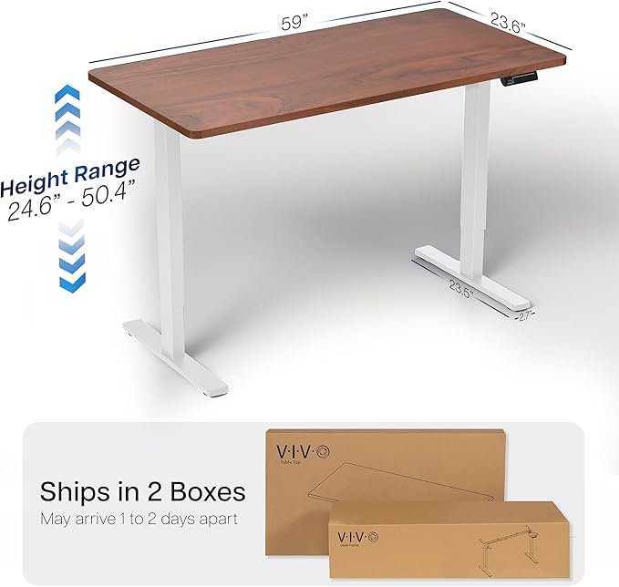 VIVO Electric 60 x 24 in Dual Motor Sit Stand Desk, Memory Height Adjustment, 2B Series, Dark Walnut Top White Frame, DESK-KIT-2W6D