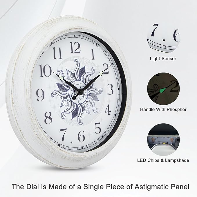 OCEST Metal Large Night Light Outdoor Clock Waterproof, 15 Inch Silent Indoor Wall Clocks Illuminated Battery Operated Decor for Garden Pool Patio Living Room Decorative