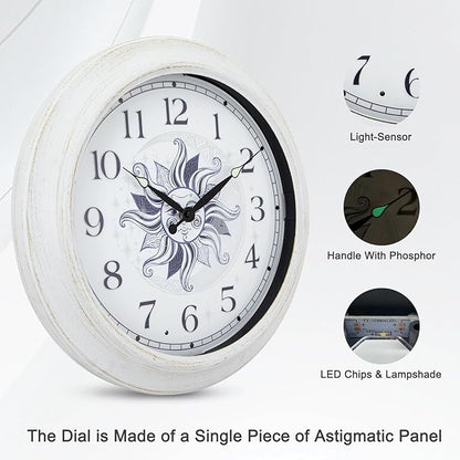 OCEST Metal Large Night Light Outdoor Clock Waterproof, 15 Inch Silent Indoor Wall Clocks Illuminated Battery Operated Decor for Garden Pool Patio Living Room Decorative