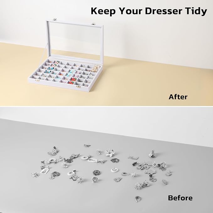 Frebeauty 48 Grid Jewelry Tray,Adjustable Earring Holder Organizer with Glass Lid,Velvet Drawer Jewelry Organizer for Rings,Studs,13.8 x 9.5 x 2 Inches Jewelry Display Box,Gift for Women(White)