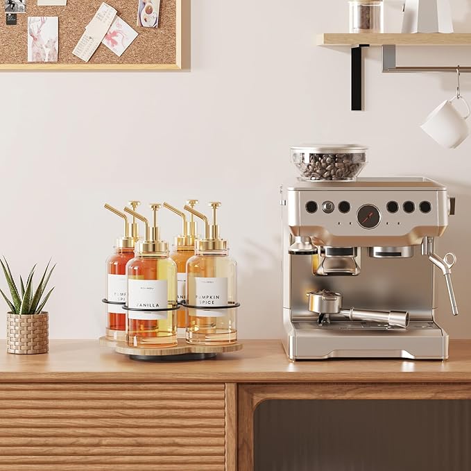 THYGIFTREE Rotating Coffee Syrup Organizer 4 Bottles Syrup Rack Dispenser16.9oz for Countertop Wood Bottle Holder Stand for Coffee Bar Station