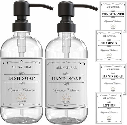 Sunrise Premium 2 Pack Clear Glass Soap Dispenser 16 OZ with Matte Black Stainless Steel Pump, Hand and Dish Soap Dispenser Set for Bathroom and Kitchen Sink with 6 Waterproof Labels