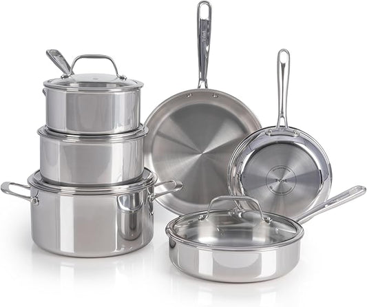 T-fal Pro Tri-Ply Stainless Steel Cookware Set, 10 Piece-Induction Compatible, Oven Safe 500F, Lids-350F, Even Heat, Professional Quality, Durable, Induction Pots and Pans Set, Silver