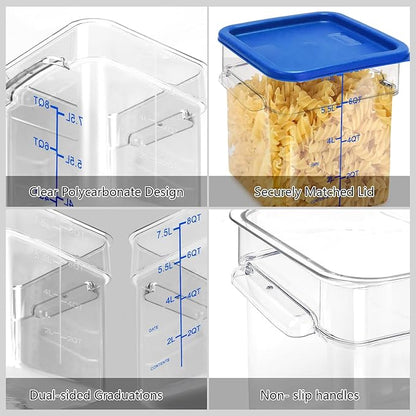 4 Pack Food Storage Containers with Blue Lids, 8.0 Qt - Square, Clear, Polycarbonate, for Restaurant Commercial Kitchen and Home party