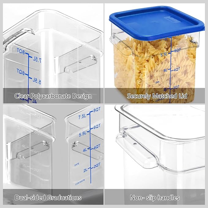 4 Pack Food Storage Containers with Red Lids, 18.0 Qt - Square, Clear, Polycarbonate, for Restaurant Commercial Kitchen and Home party