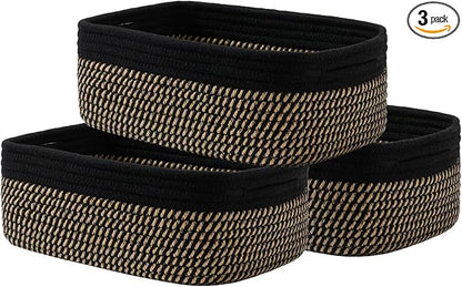 Small Woven Basket, 12 x 8 x 4.5 Inches, Storage Basket for Organizing, Cute Small Rope Shelf Closet Cube Storage Bins Baskets for Shelves, Dog Toy Gift Baskets Empty, 3 Pack Black & Brown