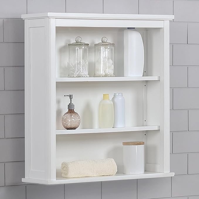 Dorset Wall Mounted Bath Storage Cabinet, 27 in. W x 29 in. H, White, Two Open Shelves, Zinc Metal Hinges, Easy Mount French Cleat System, Ideal for Bathroom Organization and Space Saving